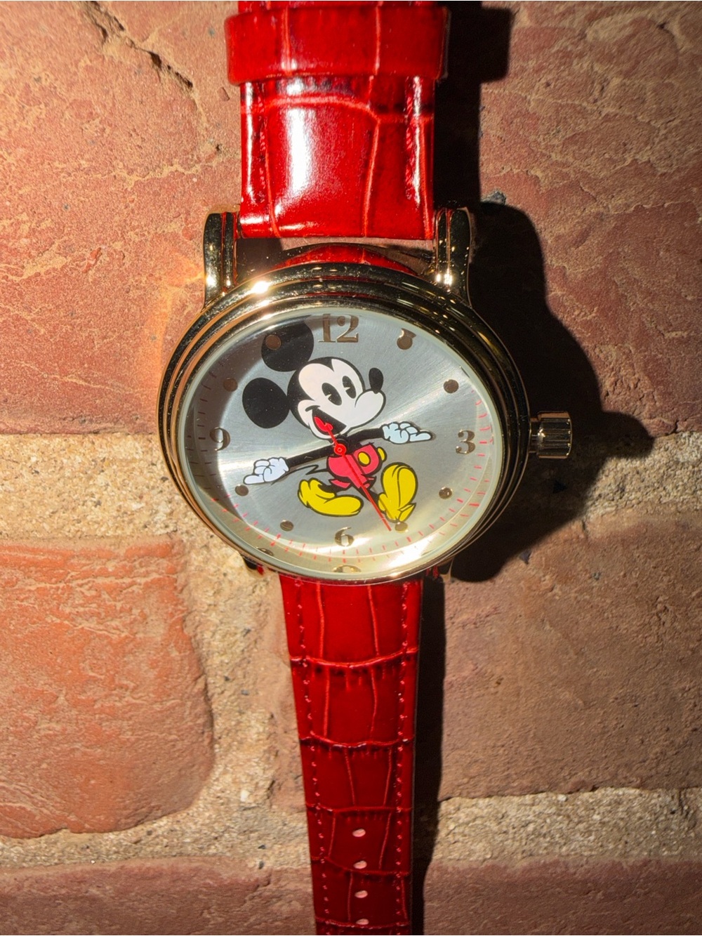 Disney Mickey Mouse Watch Gold Tone Case Red Faux Leather Band Analog